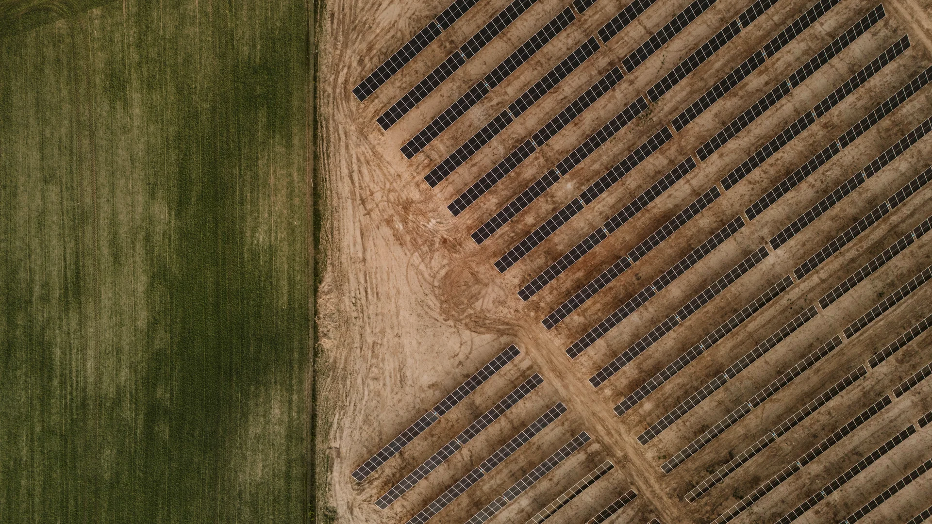 Solar arrays and cultivated land viewed from above.