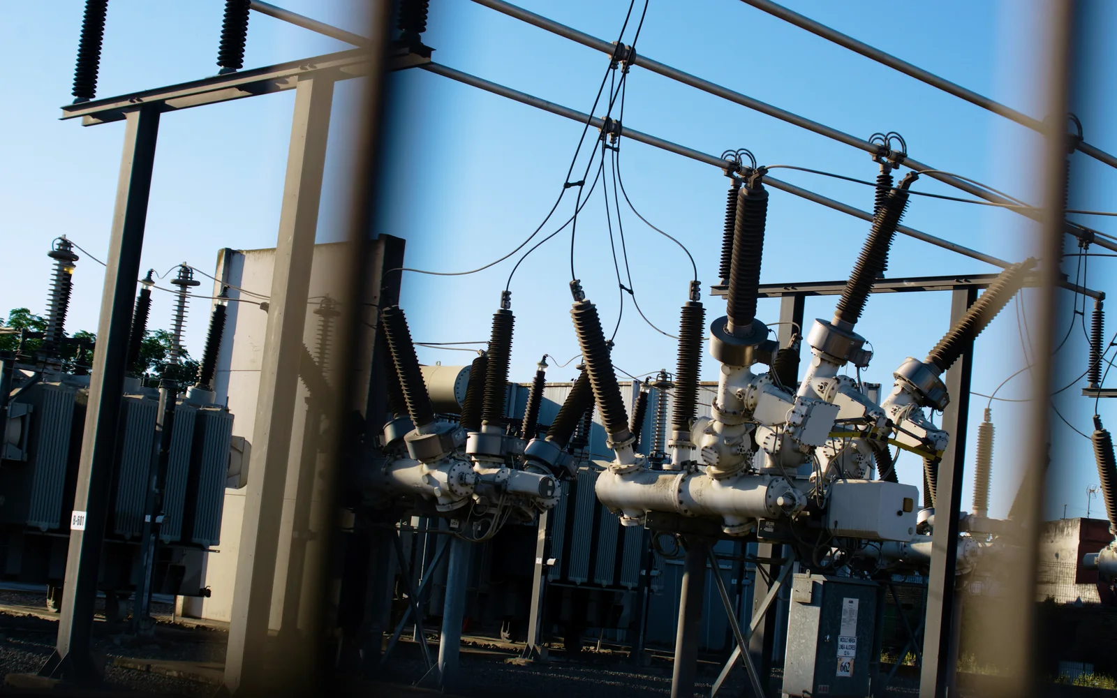 Detailed electrical switchgear at a substation.